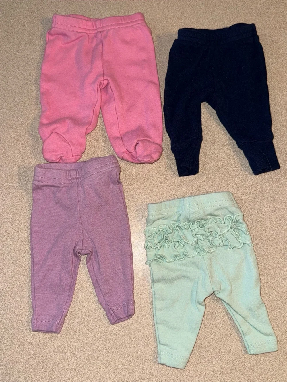 4 pair of Carter’s preemie baby girl pants mint, navy, pink, purple